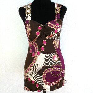 I Me brown,purple abstract design, with two rhinestone buckles